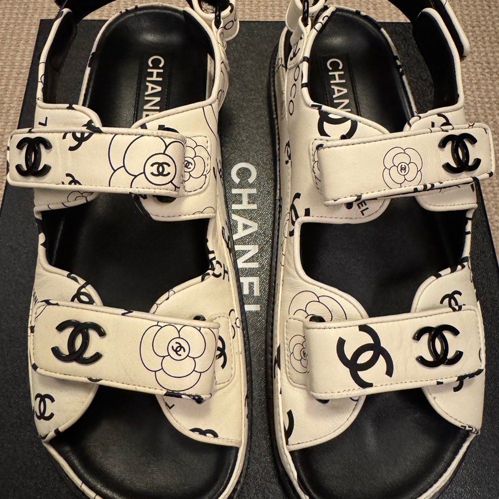CHANEL Black and White Floral Sandals